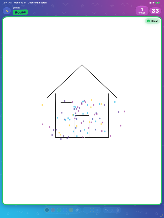 The moment the AI gets a word on an iPad: the tag reads Got it! House, the canvas has a green frame and confetti, a large house drawn on it, and the AI’s guess, House, marked correct beside it, with 33 seconds on the clock and 1 word drawn.