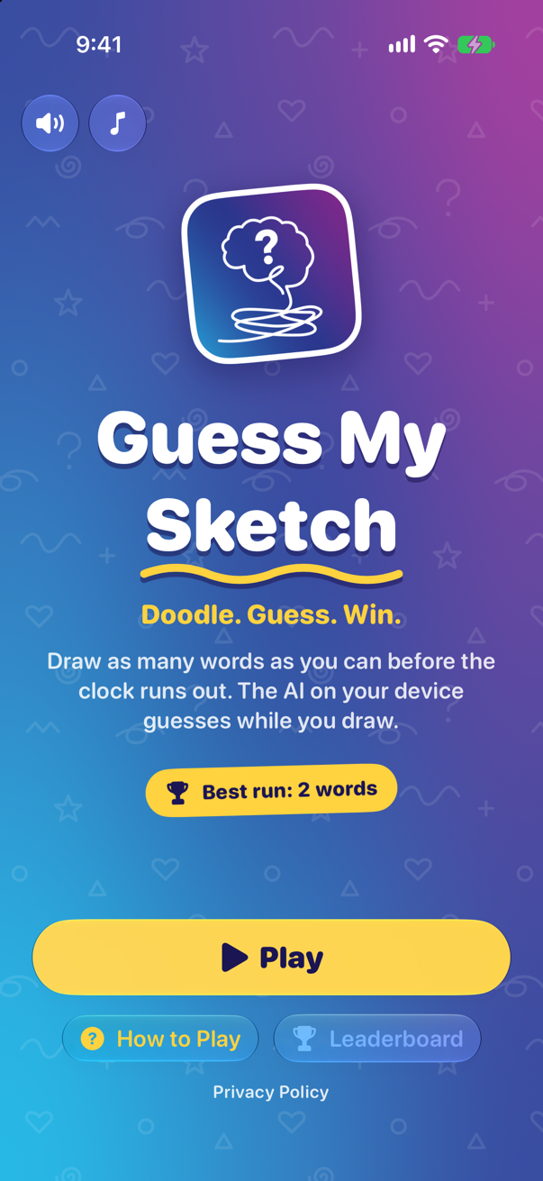 The Guess My Sketch menu on an iPhone: the app icon, the wordmark, the tagline Doodle. Guess. Win., a yellow Play button, How to Play and Leaderboard buttons, and switches for sound effects and music.