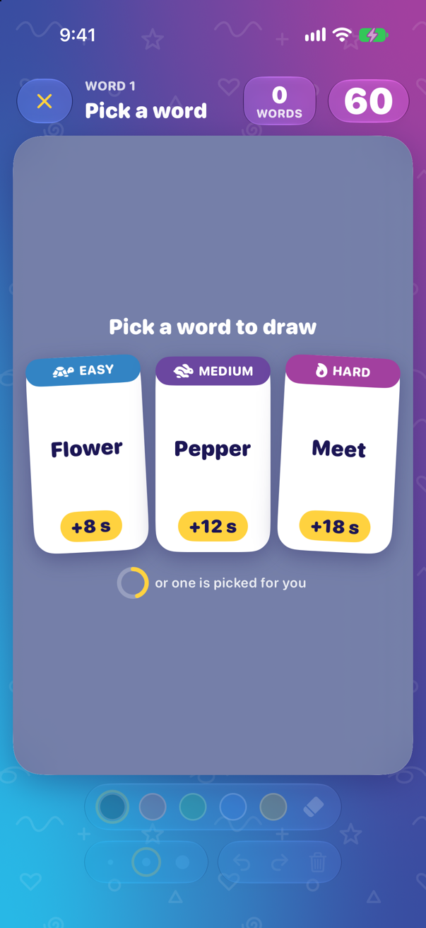 Picking a word on an iPhone: three cards over the canvas, Flower (easy, 8 seconds back), Pepper (medium, 12 seconds), and Meet (hard, 18 seconds), with the ring that counts down five seconds before one is picked for you, and 60 seconds on the clock.